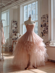 Cute Ball Gown Light Pink Strapless Pleated Tulle Tiered Prom Dresses Evening Gown Sweet 16 Dress HZ0319