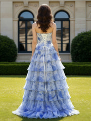 Toile Print Tiered Skirt A-Line Gown with Lace-Up Back