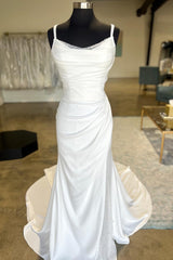 White Backless Ruched Wedding Dress with Detachable Sleeves Open Back