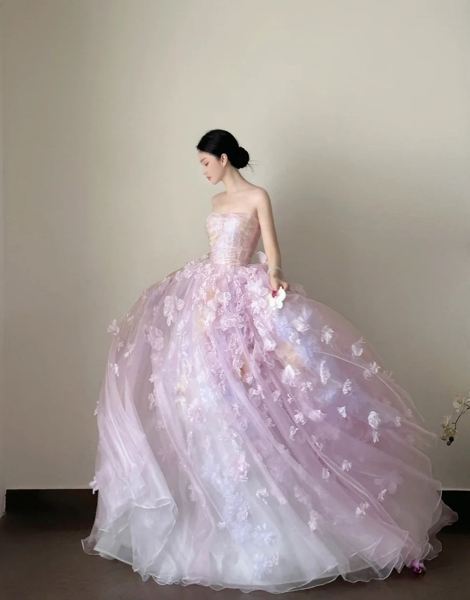 Charming Ball Gown Lialc Strapless Pleated Tulle Floral Prom Dresses Evening Gala Gown Quinceanera Dress HZ0319