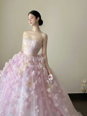 Charming Ball Gown Lialc Strapless Pleated Tulle Floral Prom Dresses Evening Gala Gown Quinceanera Dress HZ0319