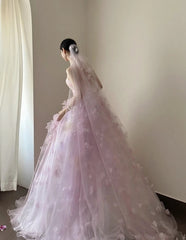 Charming Ball Gown Lialc Strapless Pleated Tulle Floral Prom Dresses Evening Gala Gown Quinceanera Dress HZ0319