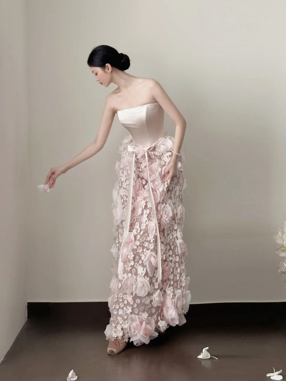 Pretty Prom Dress Strapless Pleated Floral Formal Dresses Gala Gown Evening Dress HZ0319