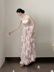 Pretty Prom Dress Strapless Pleated Floral Formal Dresses Gala Gown Evening Dress HZ0319