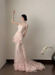 Chic Prom Dress Strapless Pleated Floral Tulle Formal Dresses Gala Gown Evening Dress HZ0319