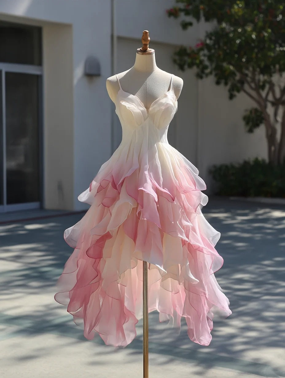 Charming Midi Prom Dress Ombre Spaghetti Straps Pleated Ruffle Formal Dresses Gala Gown Evening Dress HZ0319