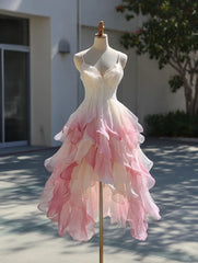 Charming Midi Prom Dress Ombre Spaghetti Straps Pleated Ruffle Formal Dresses Gala Gown Evening Dress HZ0319