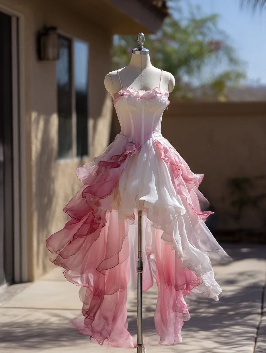 Beauty Midi Prom Dress Ombre Spaghetti Straps Pleated Ruffle Formal Dresses Gala Gown Evening Dress HZ0319