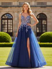 Glitter Tulle A-Line Gown with Floral Applique Navy Blue