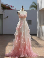 Pretty Prom Dress Ombre Spaghetti Straps Pleated Ruffle Formal Dresses Evening Dresses Gala Gown HZ0319