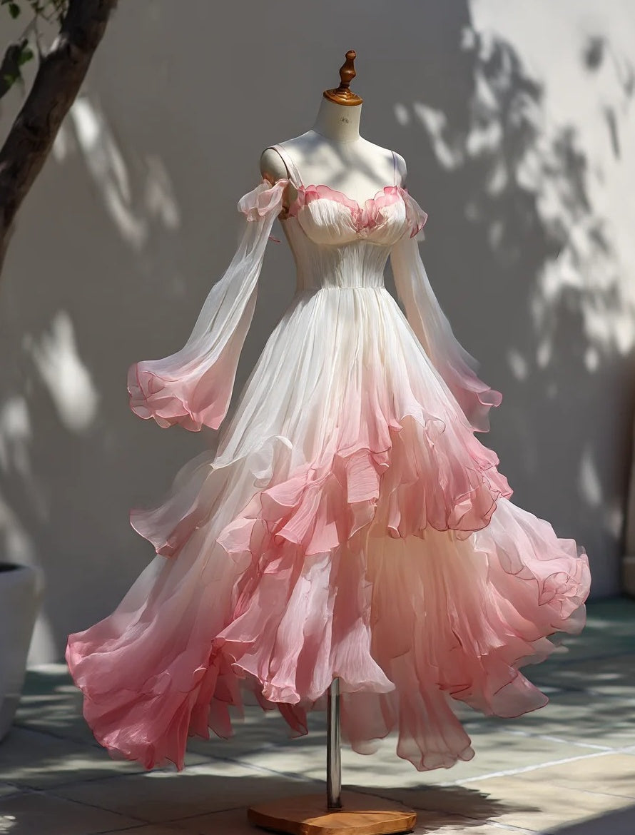A Line Prom Dress Ombre Spaghetti Straps Pleated Ruffle Formal Dresses Evening Dress Gala Gown HZ0319