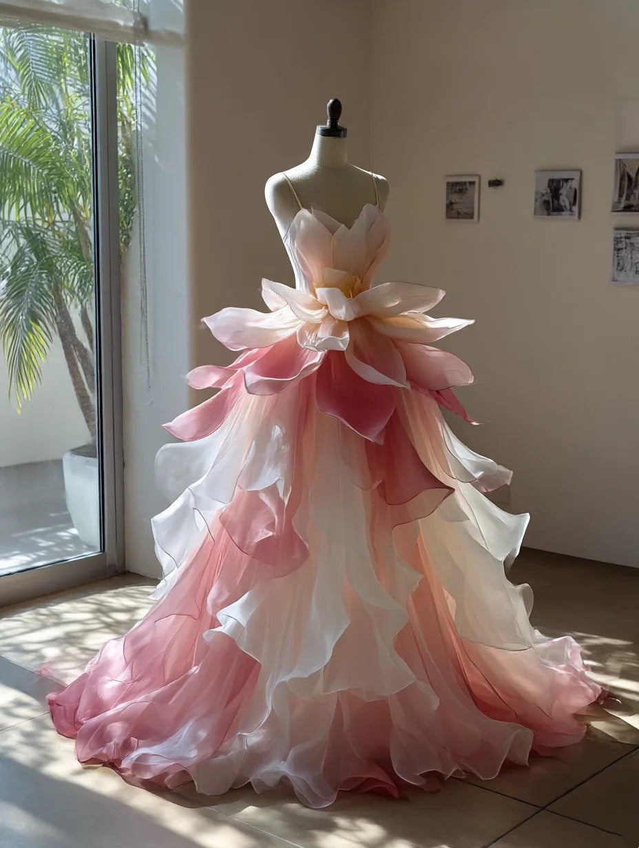 Chic Ball Gown Obmre Spaghetti Straps Pleated Ruffle Prom Dresses Evening Gala Gown Quinceanera Dress HZ0319