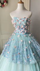 Beauty Ball Gown Light Blue Strapless Pleated Tulle Prom Dresses Evening Gala Gown Sweet 16 Dress HZ0319