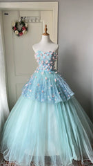 Beauty Ball Gown Light Blue Strapless Pleated Tulle Prom Dresses Evening Gala Gown Sweet 16 Dress HZ0319