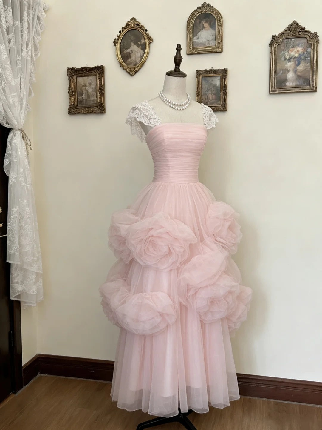Pretty Prom Dress Light Pink Square Neck Tulle Formal Dresses Evening Dress Gala Gown HZ0319