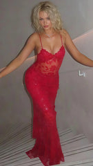 Sexy Red Lace Sequin Long Evening Prom Dress