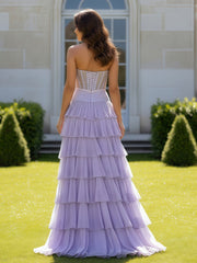 Glitter Fabric A-Line Gown with Bow Waistband Lavender