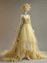 A Line Prom Dress Light Yellow Spaghetti Straps Pleated Tulle Formal Dresses Evening Dress Gala Gown HZ0319