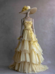 A Line Prom Dress Light Yellow Straps Tulle Tiered Formal Dresses Evening Dress Gala Gown HZ0319