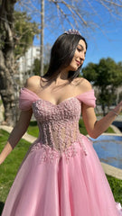 Pink Applique Evening Prom Dresses A-Line Slit Formal Gown