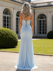 Spaghetti Strap Corset Illusion Formal Dress Sky Blue