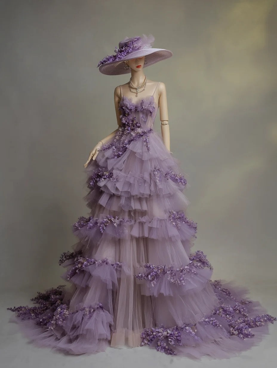 A Line Prom Dress Spaghetti Straps Tulle Tiered Birthday Party Outfits Evening Dress Gala Gown HZ0319