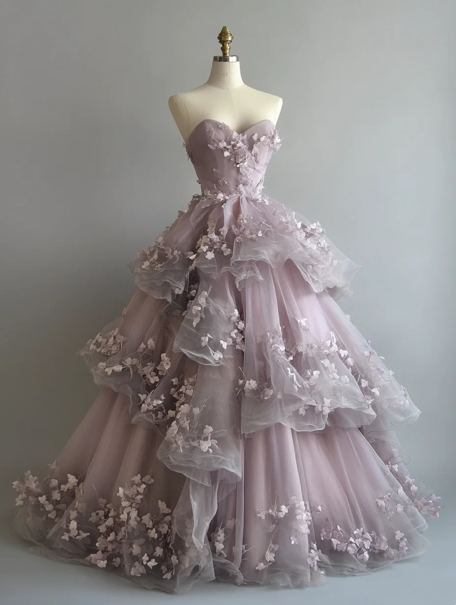 New Arrival Ball Gown Sweetheart Tulle Tiered Floral Prom Dresses Evening Gala Gown Quinceanera Dress HZ0319