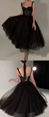 Black Midi Dress Tulle Prom Dress Black Formal Dresses A-line Evening Dresses