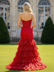 Beaded Corset Bodice Mermaid Gown with Tiered Skirt Red