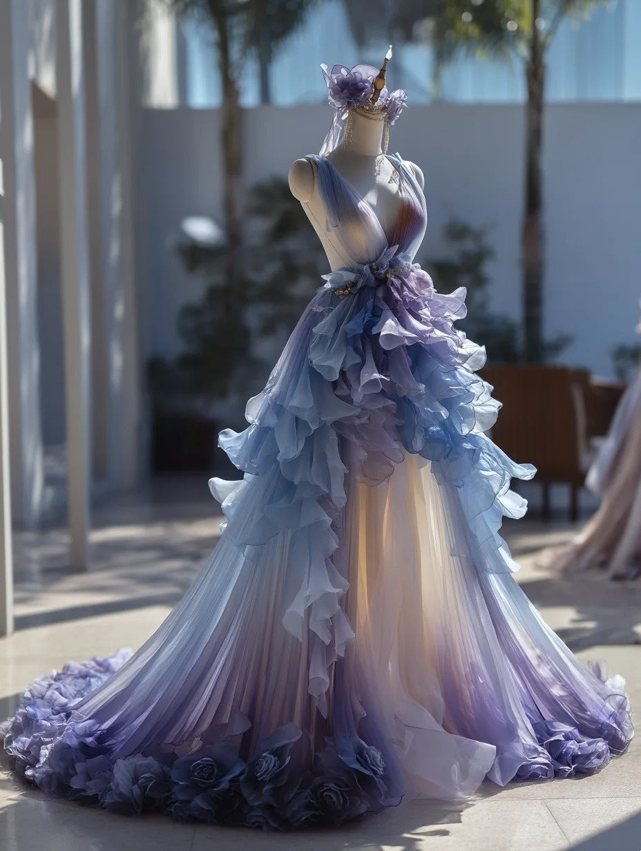 2026 Prom Dress V-neck Pleated Ruffle Gala Gown Birthday Party Outfits Evening Dress HZ0319