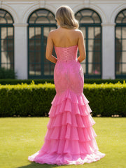 Strapless Lace Corset Bodice Dress with Ruffled Tulle Hem Azalea