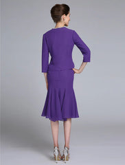 Mermaid / Trumpet Mother of the Bride Dress V Neck Knee Length Chiffon 3/4 Length Sleeve No with Beading