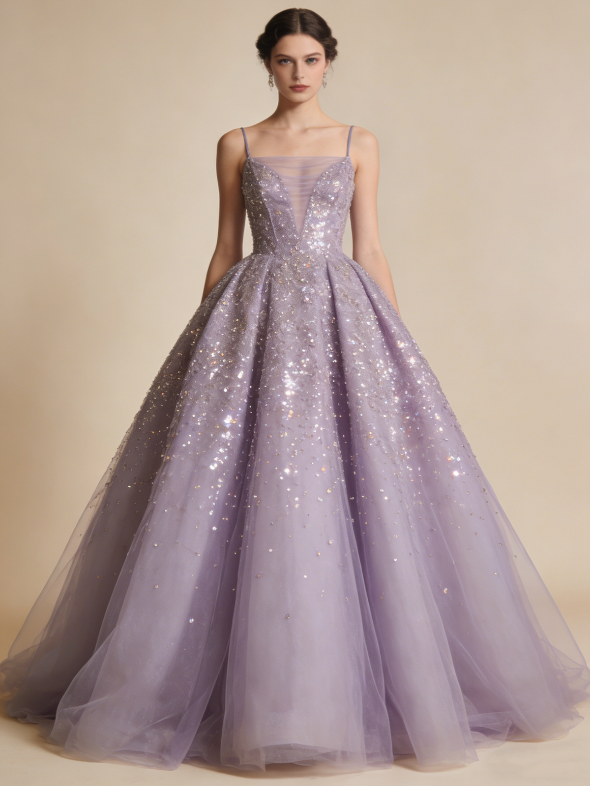 Shiny Ball Gown Light Purple Spaghetti Straps Pleated Tulle Prom Dresses Quinceanera Dress Evening Gala Gown HZ0319