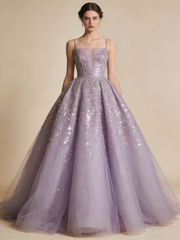 Shiny Ball Gown Light Purple Spaghetti Straps Pleated Tulle Prom Dresses Quinceanera Dress Evening Gala Gown HZ0319
