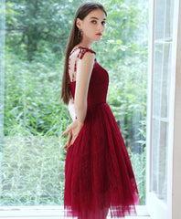Burgundy round neck tulle lace short prom dress burgundy cocktail dress