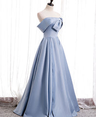 Blue satin of shoulder long prom dress blue bridesmaid dress