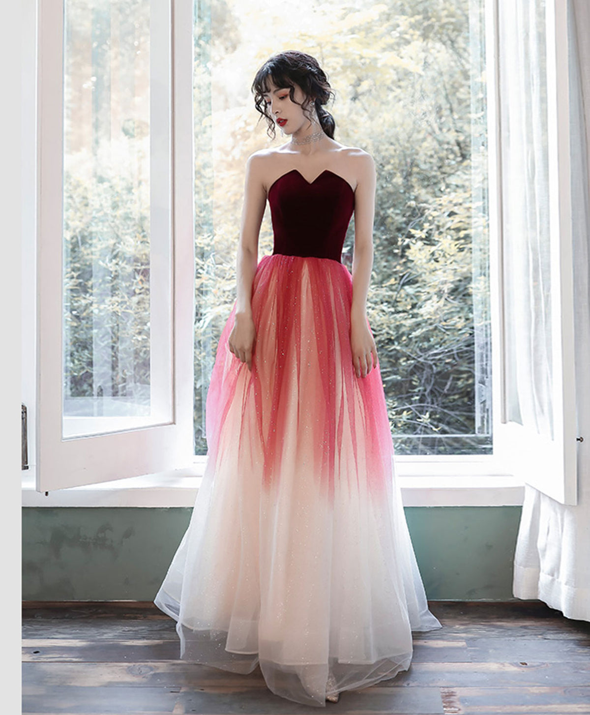 A-Line Burgundy Long Prom Dresses, Burgundy Formal Evening Dress with Velvet