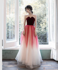 A-Line Burgundy Long Prom Dresses, Burgundy Formal Evening Dress with Velvet