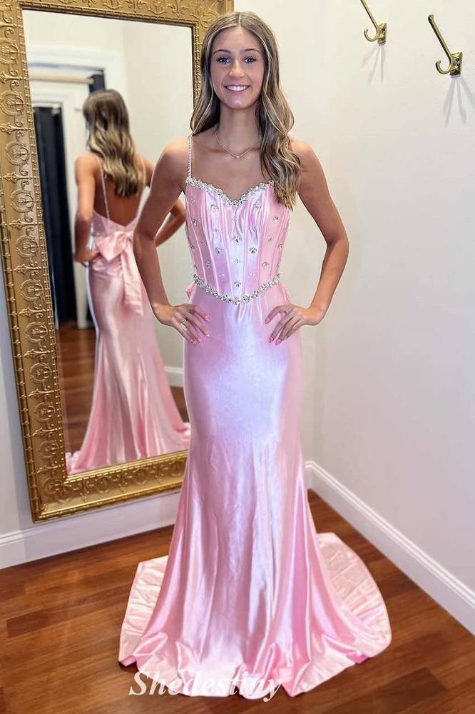 Rhinestone Corset Pink Mermaid Prom Dress with Straps