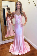 Rhinestone Corset Pink Mermaid Prom Dress with Straps