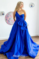 Royal Blue One Shoulder A-Line Long Prom Dress with Bow