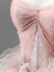 A-Line Pink Tulle Lace Long Prom Dress, Pink Tulle Lace Formal Dress