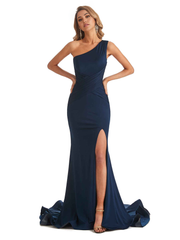 Mermaid One shoulder formal dresses evening gown Bridesmaid Dresses With Side Slit
