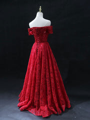 Burgundy sweetheart neck tulle lace long prom dress, lace evening dress