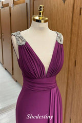 Pleated Orchid Plunging V-Neck Corset A-Line Prom Dress with Rhinestones