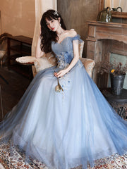 Blue tulle off shoulder long prom dress, blue tulle formal dress