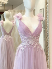 V Neck Tulle Pink Long Prom Dresses, Pink Formal Party Gown Dresses