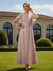 Flutter Sleeves Sequins Lace Chiffon A-Line Dress Dusty Rose