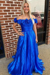 Blue Off the Shoulder A-Line Prom Dress with 3D Floral,AST1238