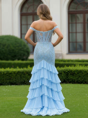 Off-Shoulder Lace Bodice Ruched Mermaid Gown Sky Blue